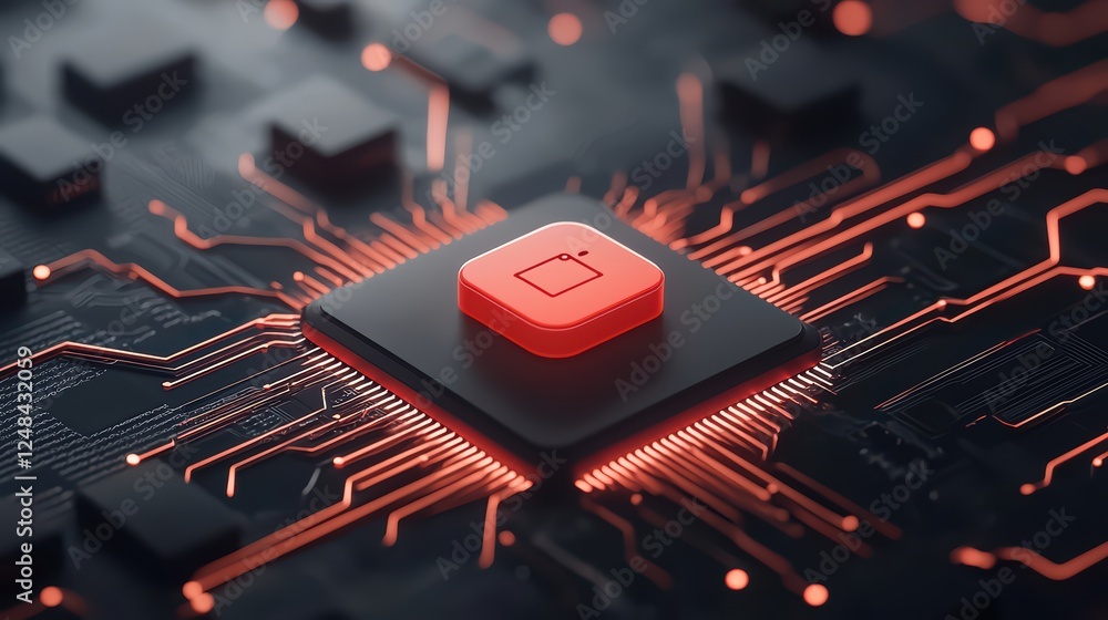 Poster futuristic circuit board with red power button on black background
