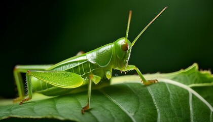 A macro shot of a tiny green grasshopper camouflaged on a leaf, highlighting its textured body and intricate details. The vibrant green hue blends seamlessly with the leaf