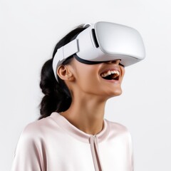 Young people wear visual goggle watching multi media in white background
