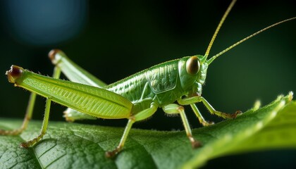 A macro shot of a tiny green grasshopper camouflaged on a leaf, highlighting its textured body and intricate details. The vibrant green hue blends seamlessly with the leaf