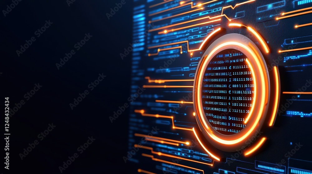 Poster futuristic digital interface with binary data and orange accents