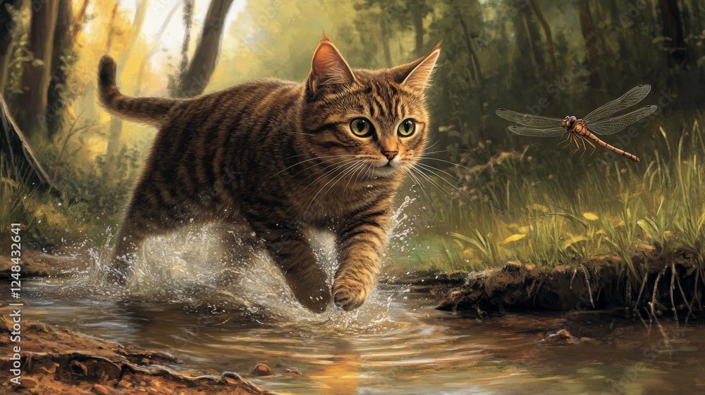 Poster A curious tabby cat splashing through shallow puddles as it chases a dragonfly in a forest clearing.