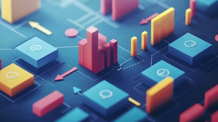 Abstract 3D Data Visualization: Colorful Cubes and Bar Graphs Network