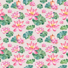 Obraz premium Seamless pattern in the form of a lotus flower and a burning candle. Hand-painted illustration of a pink water lily. Hand-painted floral elements create a repetitive vintage Japanese backdrop. Retro