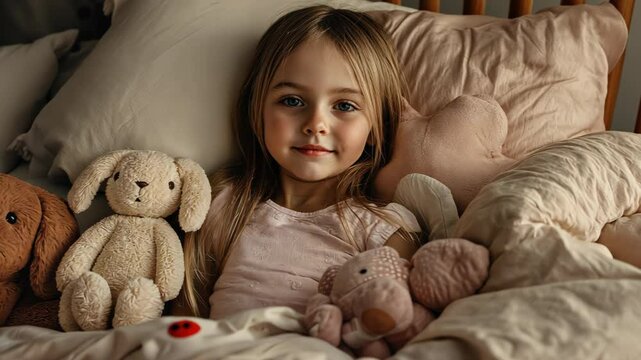 A young girl is laying in bed with a few stuffed animals, including a brown dog