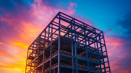 futuristic steel mesh building construction with sun set 3d render illustration
