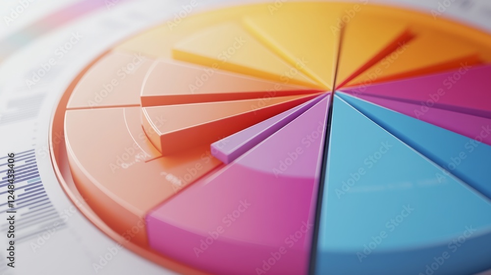 Poster A detailed shot of a D pie chart with segmented sections and labels, displaying data in a visually engaging and three-dimensional format.