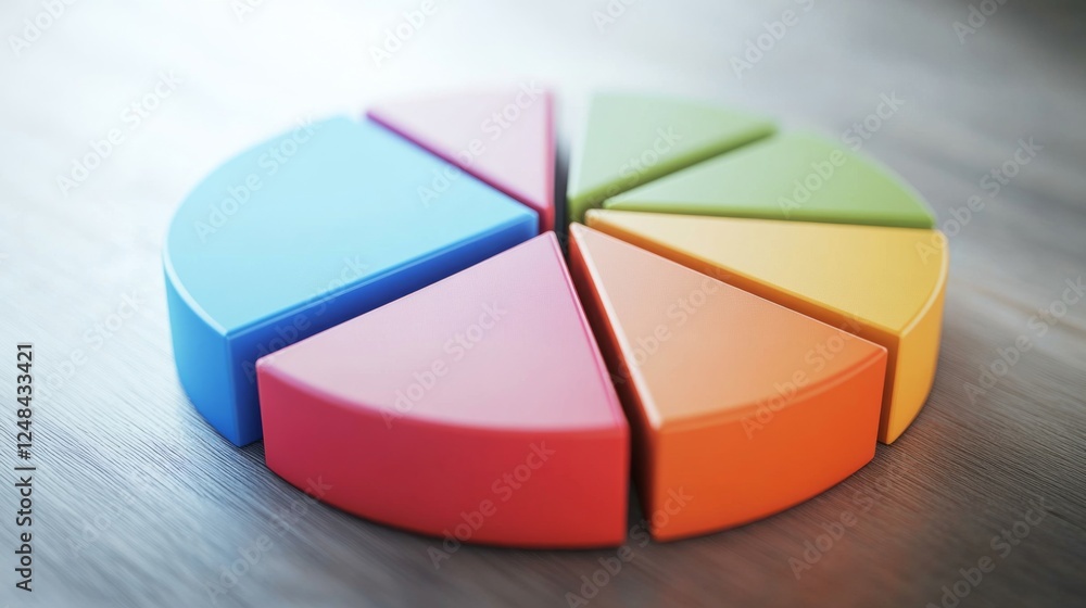 Poster A detailed shot of a D pie chart with segmented sections and labels, displaying data in a visually engaging and three-dimensional format.
