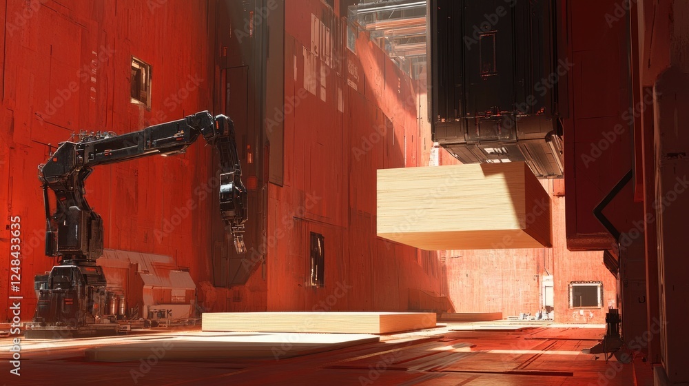Poster futuristic robotic arm moves large wooden blocks in a red factory
