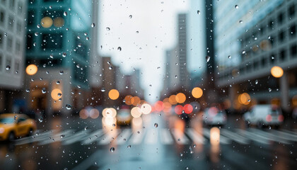 Gentle raindrops on city window creating a blurred urban scene, tranquility