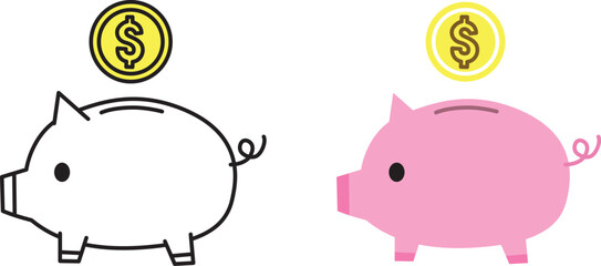 Piggy bank icons. Yellow and pink. Vector illustration