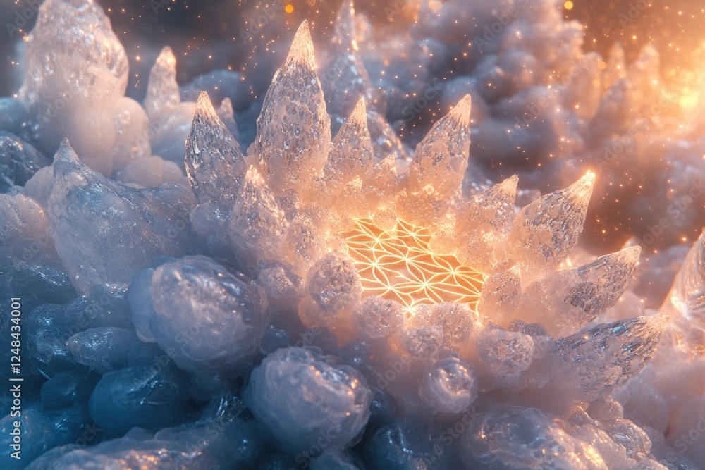 Poster glowing geometric pattern embedded within a cluster of icy, crystalline structures.