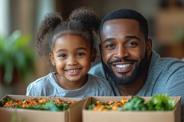 Young family enjoying a meal in their new home surrounded by unpacked boxes. Generative AI