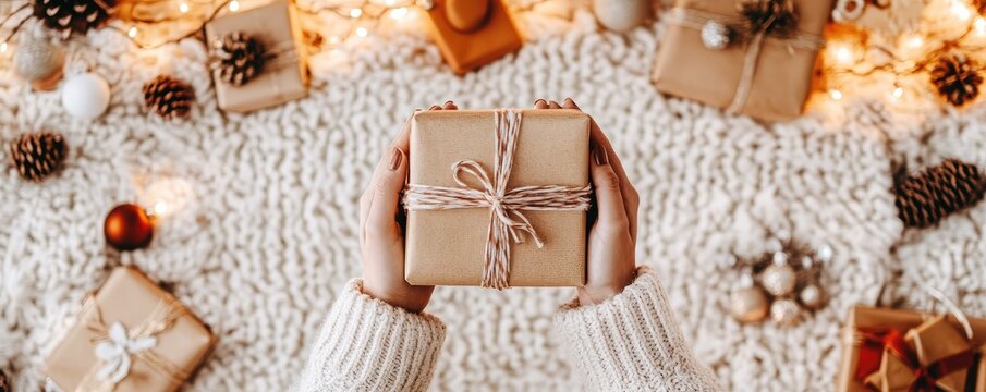 Hands holding a wrapped gift with string bow