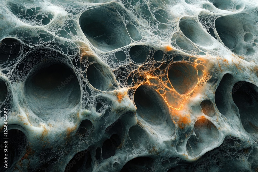 Aufkleber abstract image depicting a porous, cavernous structure with intricate web-like formations and glowin