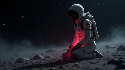 woman weakened and kneeling on the very dark, rocky, dusty planet worn spacesuit crack on the glass  small tears that emit red neon light releasing pressurized pink gas