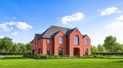 Obraz premium Modern Red Brick House Surrounded by Lush Green Lawn and Trees