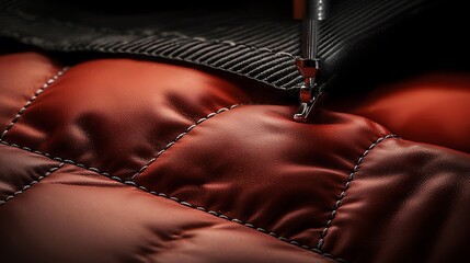 Quilted jacket stitching close-up, industrial sewing