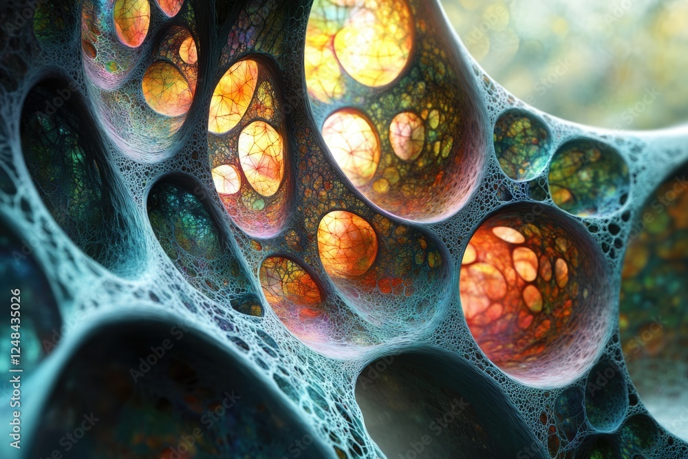 Poster intricate fractal structure with vibrant, glowing chambers and a network of interconnected veins.