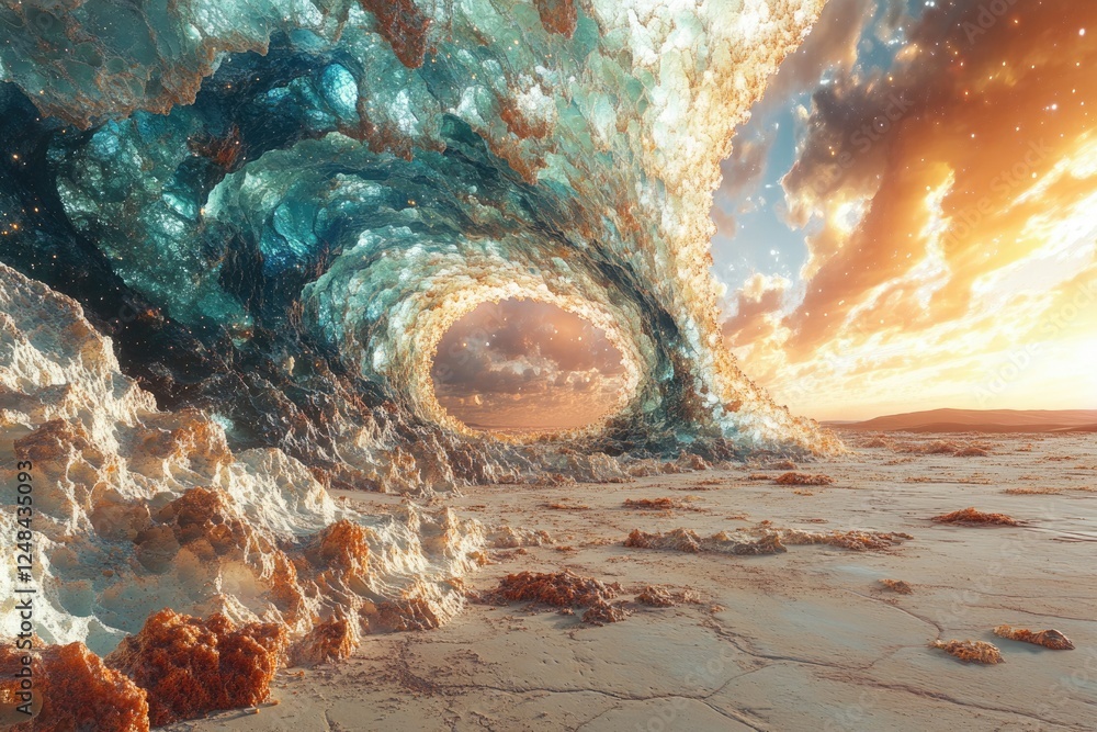 Poster a colossal wave, seemingly composed of celestial elements, forms a portal to a serene, otherworldly 
