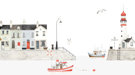 Sea panoramic landscape in marine harbor c lighthouse, beautiful houses, seabirds and fishing boats. Watercolor print with sea city for wallpapers, poster, card or invitation banner. © Nikole