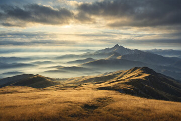 Scenic mountain hills landscape with rolling golden fields and layers of distant peaks. Perfect for travel, nature, and adventure themes