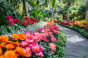 Lush greenhouse filled with vibrant flower blooms