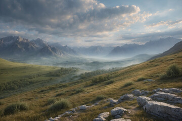 Naklejka premium Scenic mountain hills landscape with rolling golden fields and layers of distant peaks. Perfect for travel, nature, and adventure themes