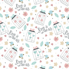 Vintage seamless texture with birds, cages and flowers. Seamless pattern can be used for wallpaper, pattern fills, web page background,surface textures. Gorgeous seamless floral background.