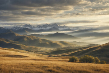 Obraz premium Scenic mountain hills landscape with rolling golden fields and layers of distant peaks. Perfect for travel, nature, and adventure themes