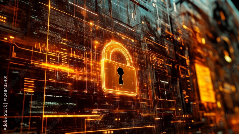 Poster a digital lock symbol overlaid on a computer screen displaying sensitive data, illustrating the conc