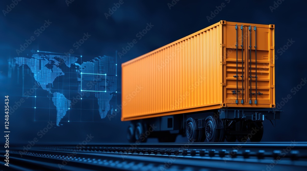 Aufkleber bright orange shipping container on rails with digital world map