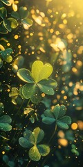 Green and golden clover leaves create a magical, background. Soft light filters through, illuminating the delicate textures and evoking a sense of luck and tranquility, background for st patrick's day