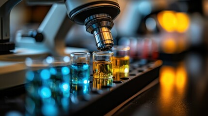 Microscopic Analysis: Close-up of a Microscope Examining Colorful Samples in a Laboratory Setting
