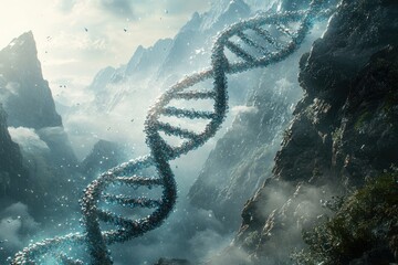 A giant DNA strand floats amidst a mystical, mountainous landscape, evoking themes of genetic origins and natural wonder.