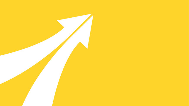 Two half white arrows merging and curving upward over a solid yellow background, symbolizing progress or convergence