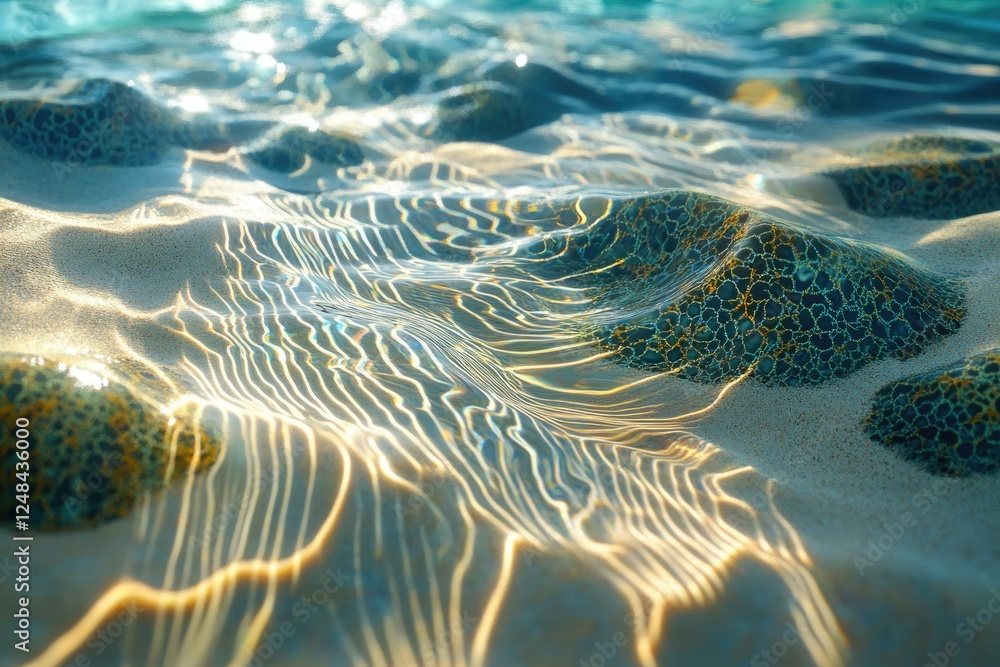 Aufkleber sunlight filters through shallow water, illuminating textured seabed; serene underwater scene.