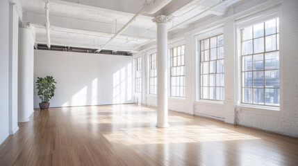 Obraz premium Big white bright loft room architecture render 3d illustration with shiny wooden floor and daylight background