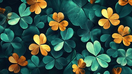 Green and golden clover leaves create a magical, background. Soft light filters through, illuminating the delicate textures and evoking a sense of luck and tranquility, background for st patrick's day