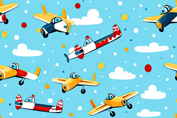 Naklejka premium Colorful Cartoon Airplanes Seamless Pattern for Kids