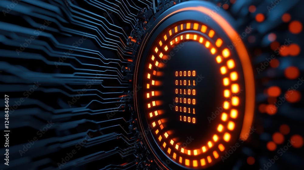 Poster digital technology circuit board with binary code and neon lights