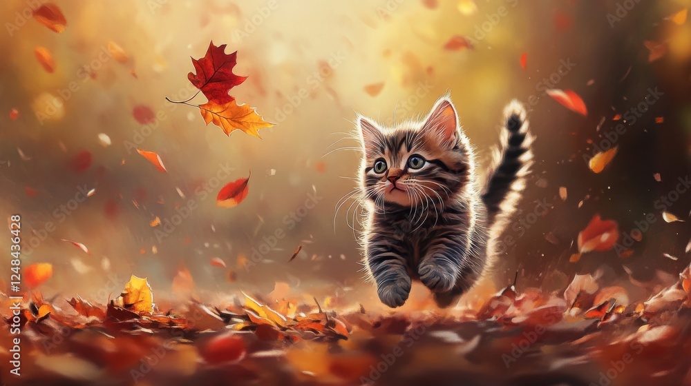 Poster a kitten frolicking through autumn leaves, kicking up colorful reds and yellows as it chases a falli
