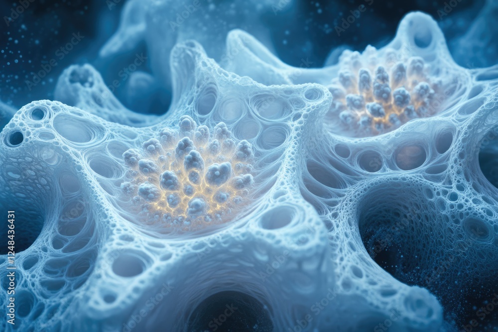 Poster intricate, glowing structures resembling cellular formations or abstract fractal landscapes.