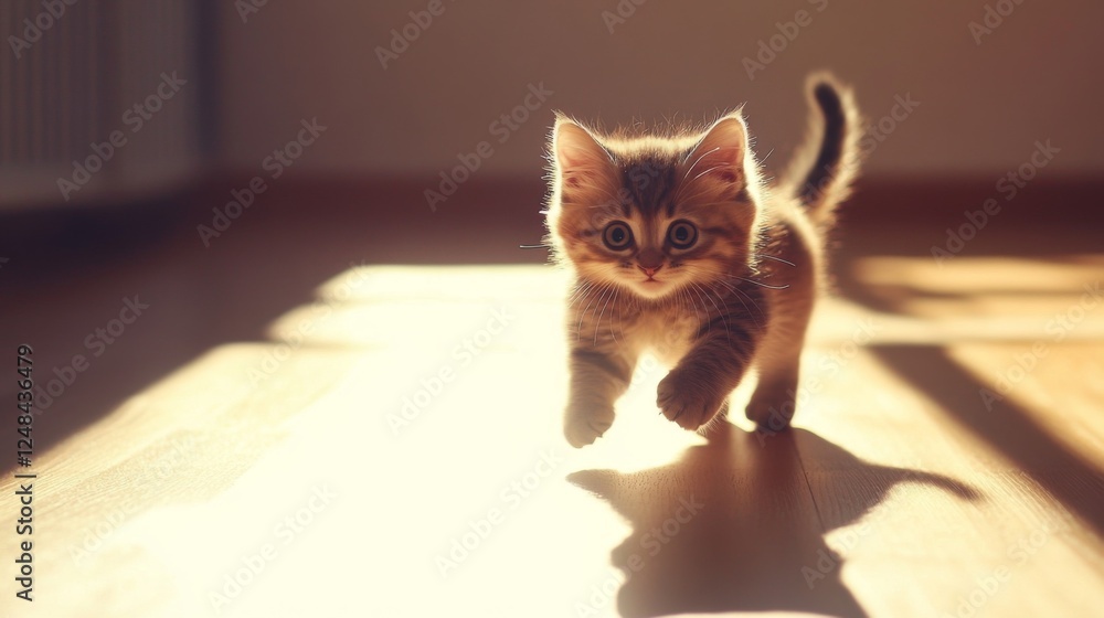 Poster A kitten with wide eyes and an arched back playfully pouncing on its own shadow in a sunlit room.