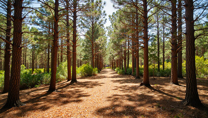 Fototapeta premium Winding forest path through pine trees, serene nature escape