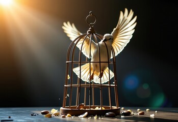 A white dove takes flight from a broken birdcage, symbolizing freedom and liberation.