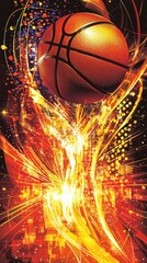 Basketball soaring in fiery action, dynamic background