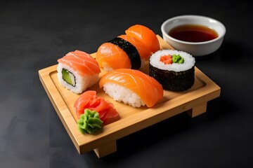 A traditional Japanese sushi platter with fresh sashimi, nigiri, and rolls, artfully arranged on a wooden board with wasabi and soy sauce