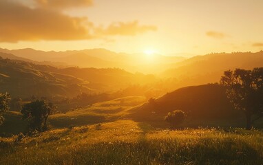 Golden sunset over rolling green hills, soft cinematic lighting, deep saturation