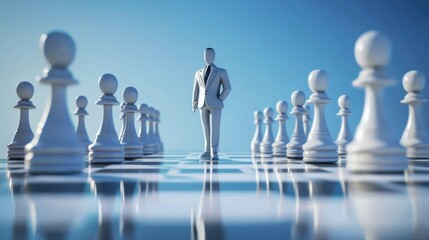 Strategic Business Leader: A 3D Conceptual Image of a Businessman Standing on a Chessboard, Representing Leadership and Strategic Planning in the Corporate World.